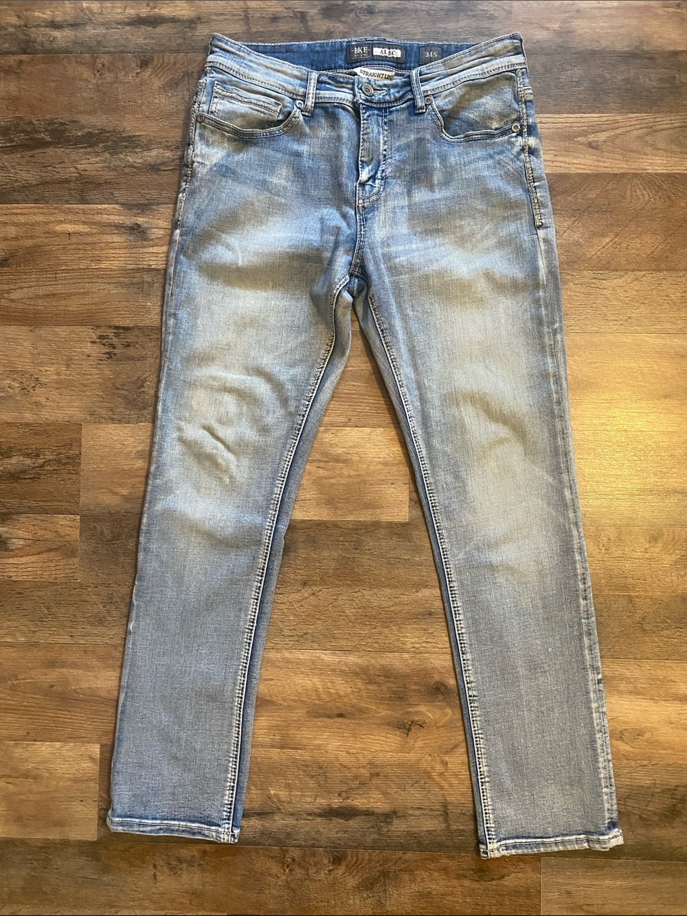 BKE Alec Mens Straight Leg Jeans Buckle Denim Stretch Thick Stitch Blue Sz 34x30